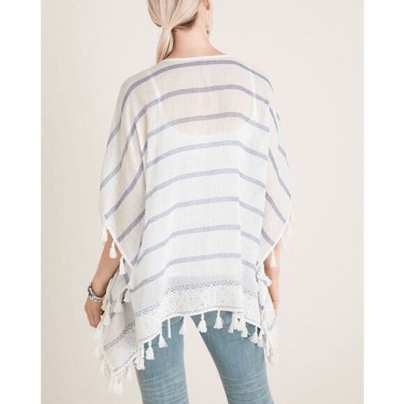 Chicos striped blue/white tassel trim poncho/kimono shirt/top cover up L/XL - Picture 2 of 7